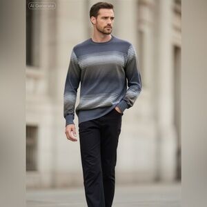 Clan Douglas Vintage Cashmere Men's Gray Striped Fall  Sweater